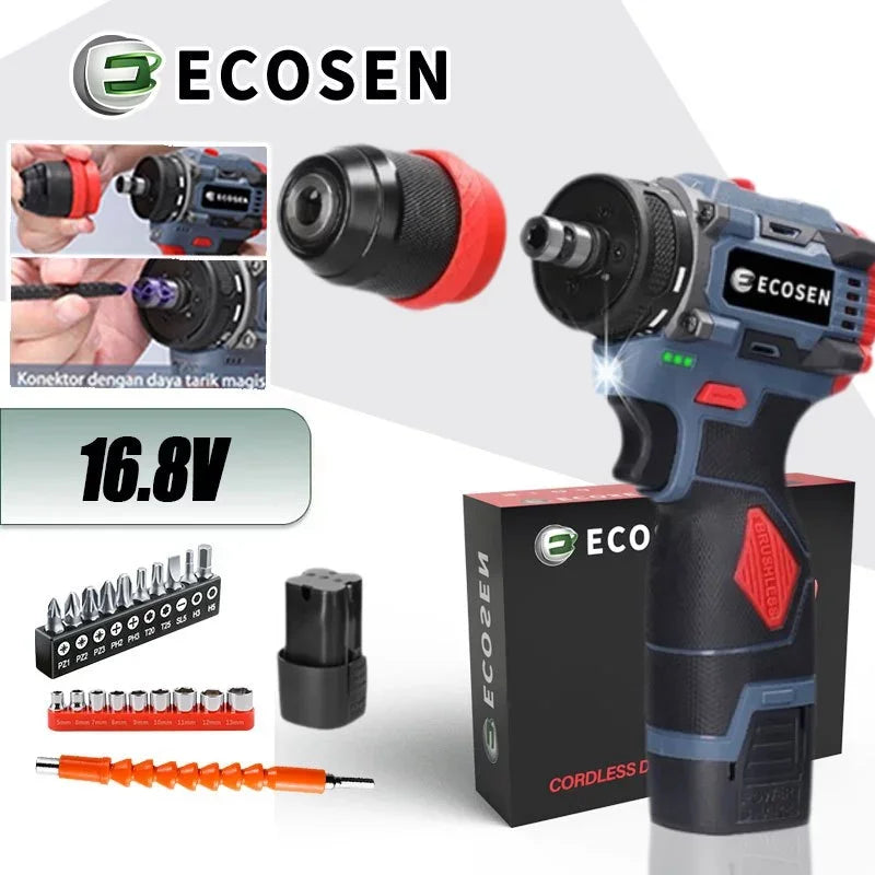Brushless 16.8V Wireless Screw Drill with 2 Batteries, Complete Kit for DIY and Works