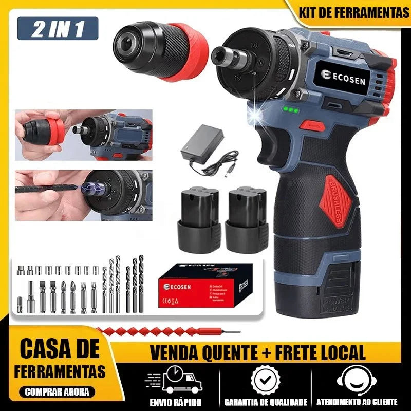 Brushless 16.8V Wireless Screw Drill with 2 Batteries, Complete Kit for DIY and Works