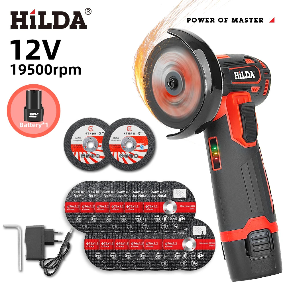 HILDA 12v Mini Angle Grinder Car Repair Brush Motor Rechargeable For Cutting Diamond Cordless Power Tool Polishing And Grinding