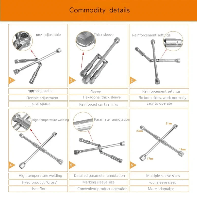 Car Repair Wheel Nut Socket Folding Cross Wrench Spanner Hand Tool Car Repair Tyre Remover Mounting 17 19 21 23mm Hex Socket
