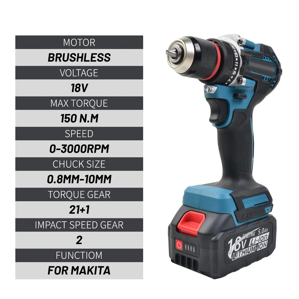 1/2 inch 1700RPM cordless drill compact hammer drill, brushless motor lithium electric drive suitable for makita 18V battery pin