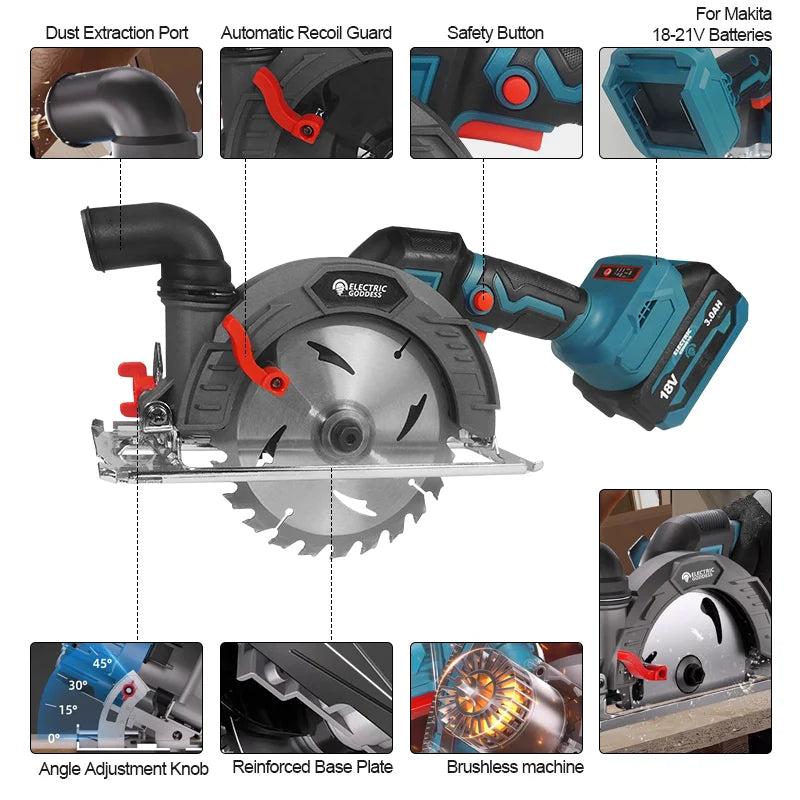 Electric Goddess 6.5in Brushless Electric Circular Saw Cordless 10000rpm Handheld Woodwork Cutting For Makita 18V Battery ﻿﻿Pin