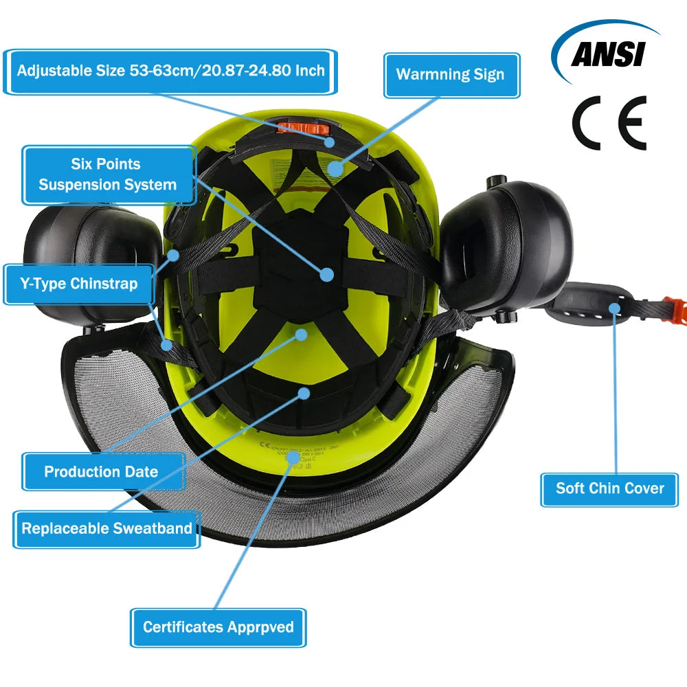 CE Forestry Safety Helmet 3 in 1 Chainsaw Hard Hat Mesh Face Shield Ear Muffs for Arborist Logging Gardening Work Protective Cap