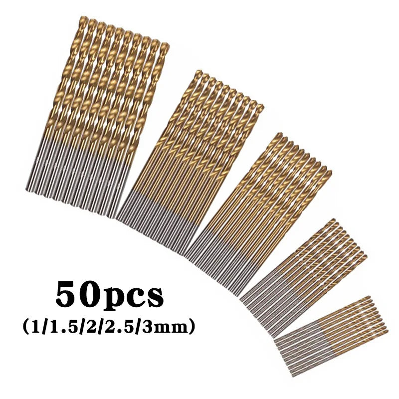 50Pcs Titanium Coated High Speed Steel Drill Bit Set Hex Shaft Straight Spiral Twist Bits for Metal Wood Plastic Drilling