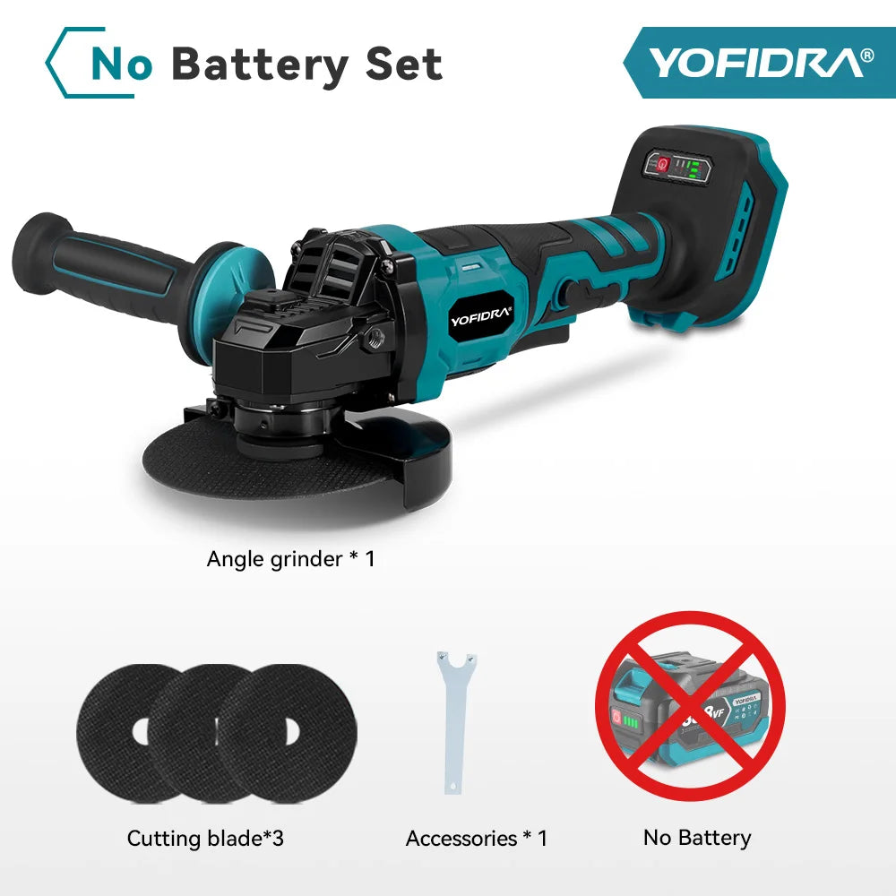 YOFIDRA 1500W 125mm 2in1 Brushless Angle Grinder 12000PRM Cordless Electric Polishing Grinding Power Tool For Makita Battery Pin