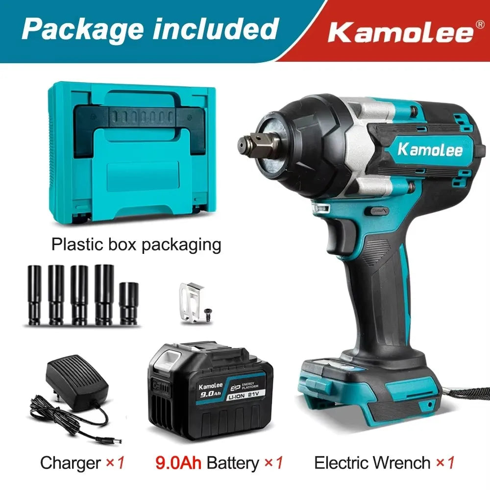 Kamolee 1800 N.m High Torque Cordless Impact Wrench 18V-21V 1/2 Inch Battery Rechargeable Brushless Electric Wrench Tool Set