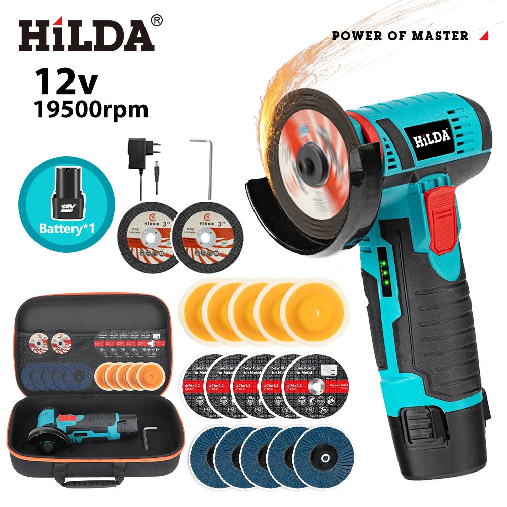 HILDA 12V Miniature Rechargeable Mini Angle Grinder with Battery Cutting Blade Polishing Grinder for Cutting Diamond Cordless