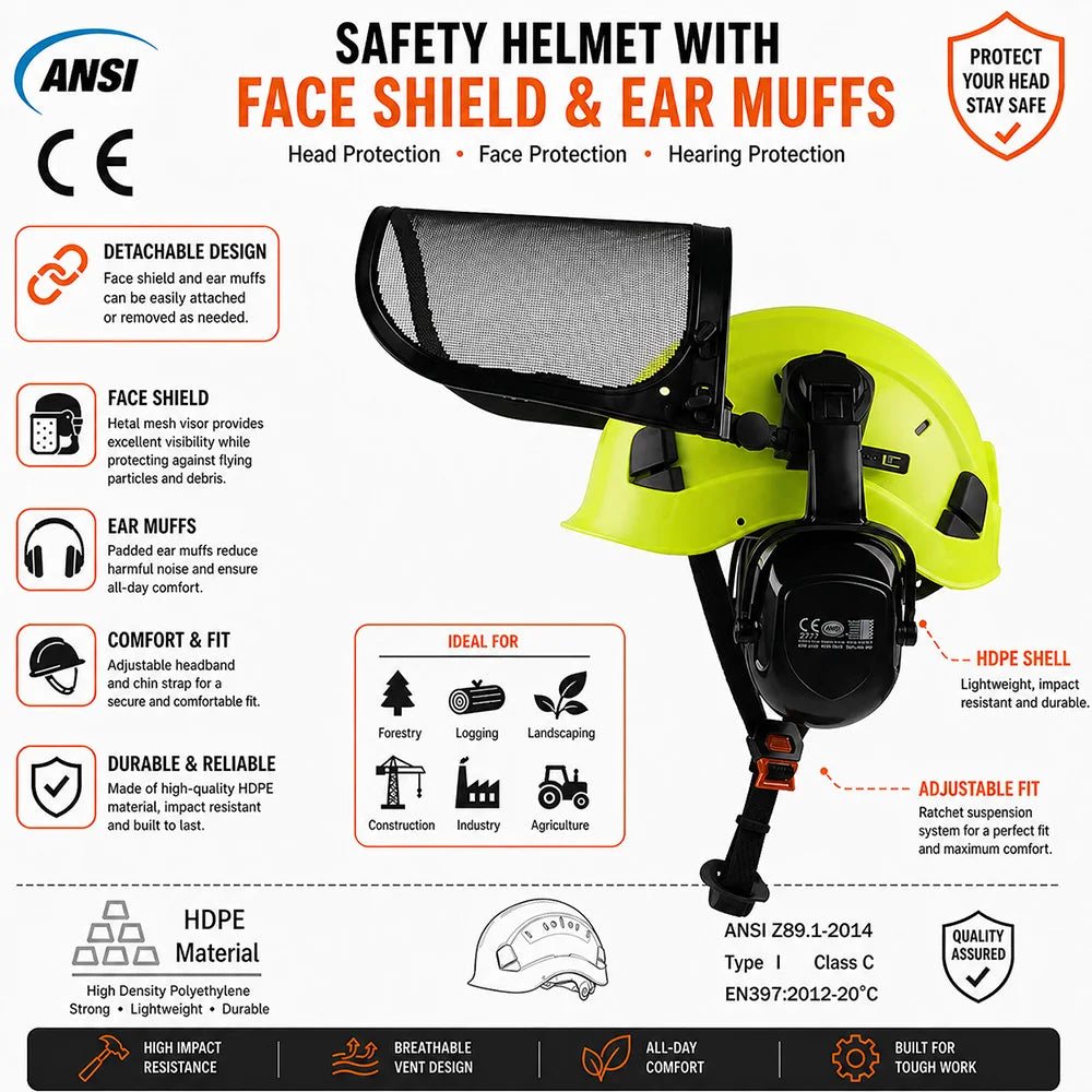 CE Forestry Safety Helmet 3 in 1 Chainsaw Hard Hat Mesh Face Shield Ear Muffs for Arborist Logging Gardening Work Protective Cap