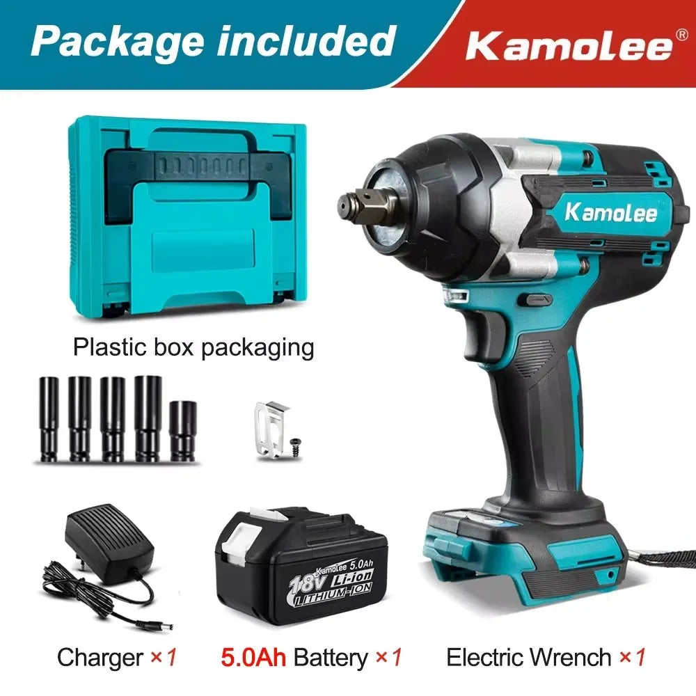 Kamolee 1800 N.m High Torque Cordless Impact Wrench 18V-21V 1/2 Inch Battery Rechargeable Brushless Electric Wrench Tool Set