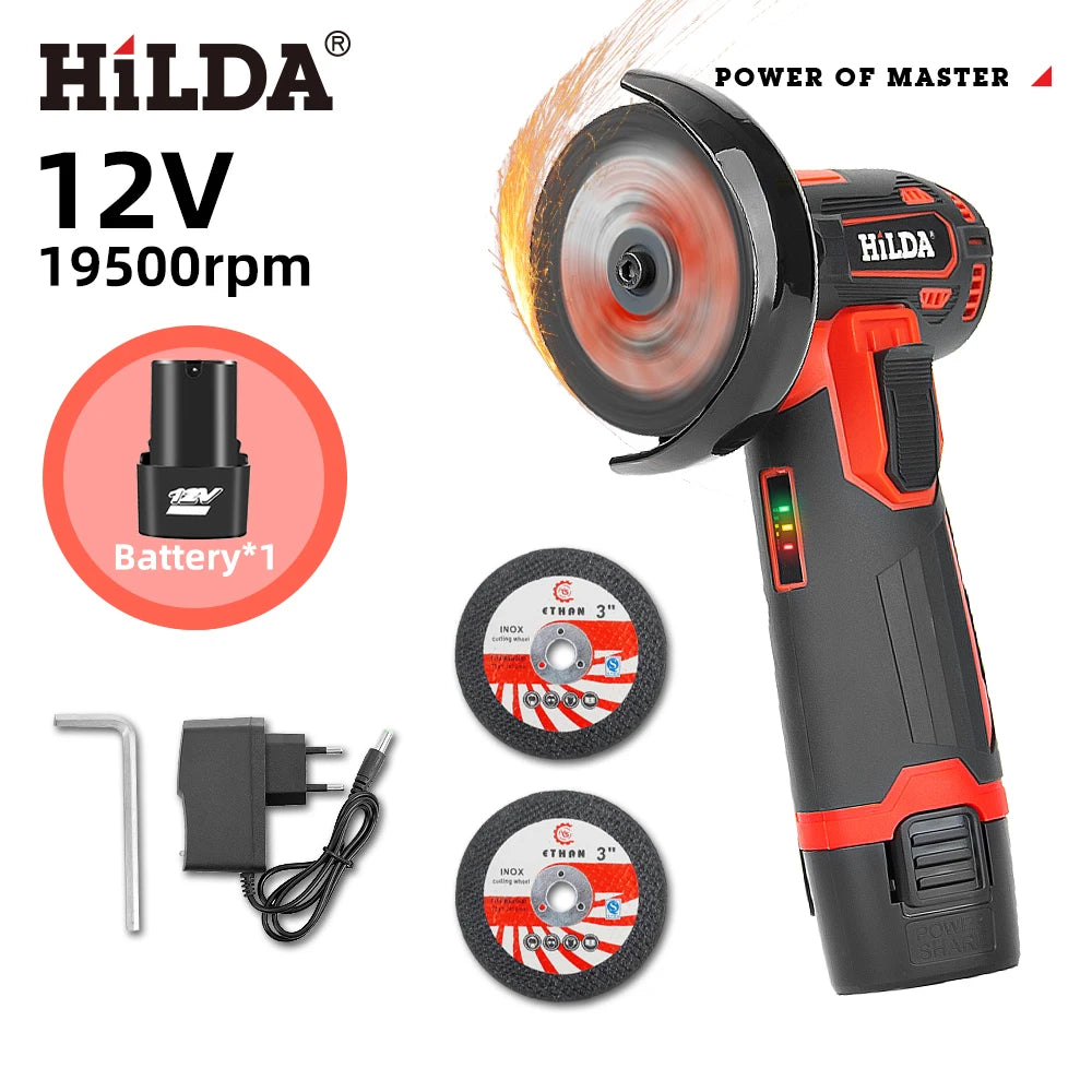 HILDA 12v Mini Angle Grinder Car Repair Brush Motor Rechargeable For Cutting Diamond Cordless Power Tool Polishing And Grinding