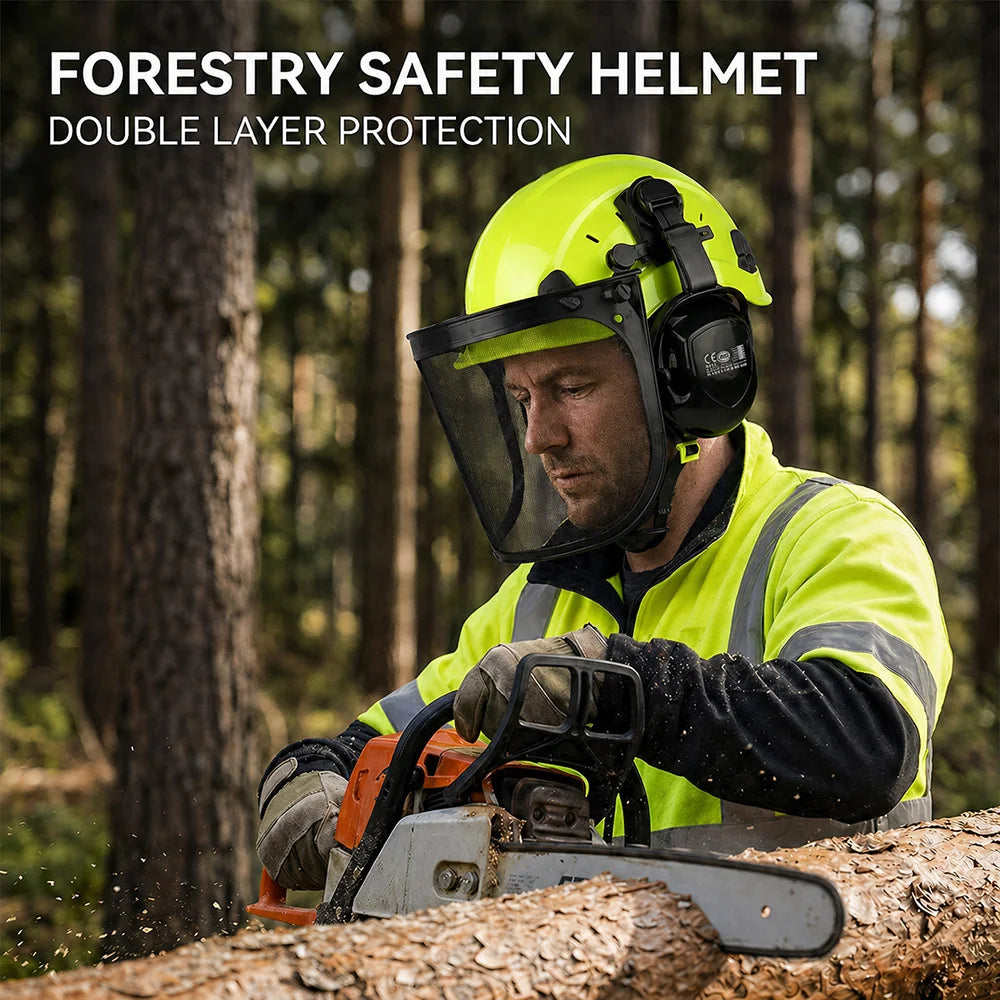 CE Forestry Safety Helmet 3 in 1 Chainsaw Hard Hat Mesh Face Shield Ear Muffs for Arborist Logging Gardening Work Protective Cap
