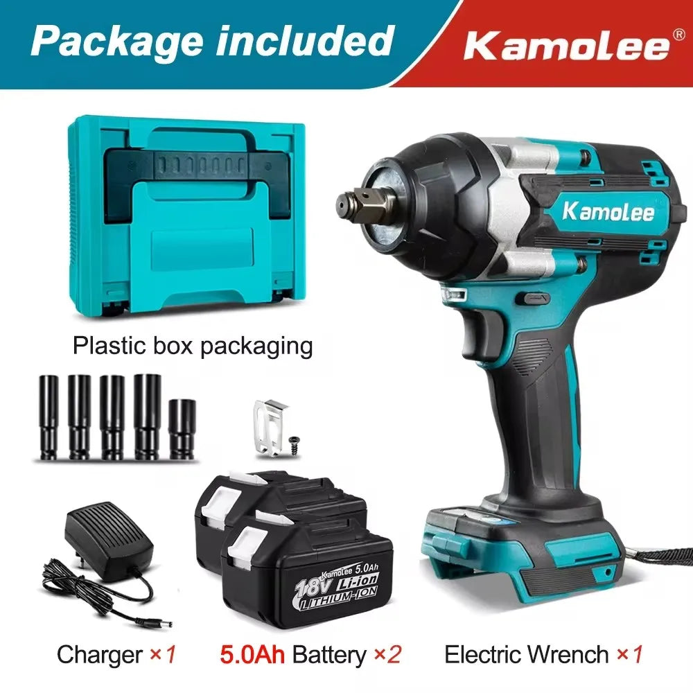 Kamolee 1800 N.m High Torque Cordless Impact Wrench 18V-21V 1/2 Inch Battery Rechargeable Brushless Electric Wrench Tool Set