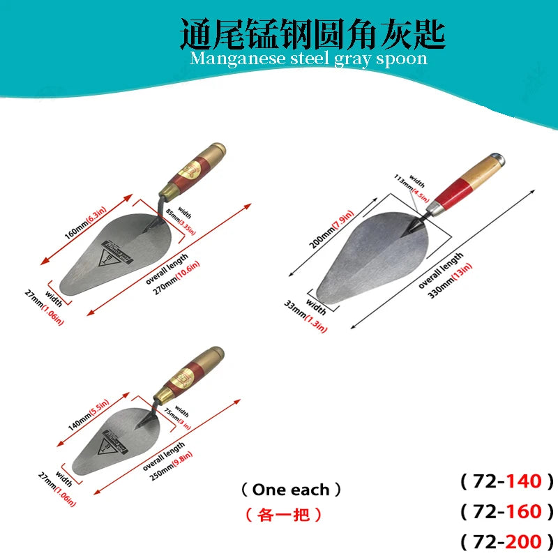 High Manganese Steel Plastering Trowel Pointed Bricklaying Putty Round Wooden Handle Trowel Wall Brick Trowel Tail Ash Spoon