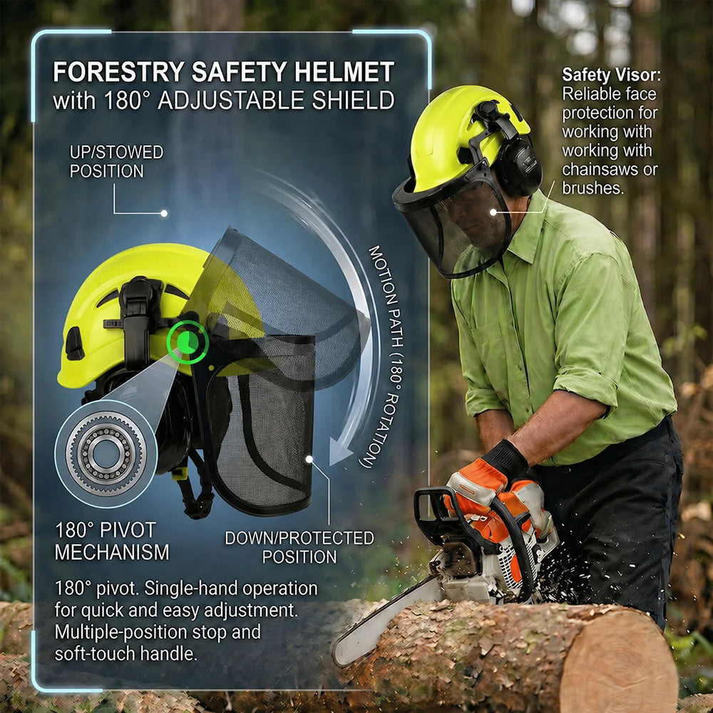 CE Forestry Safety Helmet 3 in 1 Chainsaw Hard Hat Mesh Face Shield Ear Muffs for Arborist Logging Gardening Work Protective Cap