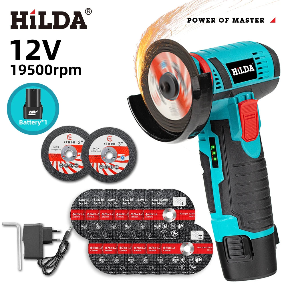 HILDA 12v Mini Angle Grinder Car Repair Brush Motor Rechargeable For Cutting Diamond Cordless Power Tool Polishing And Grinding