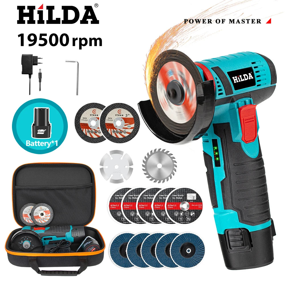 HILDA 12V Miniature Rechargeable Mini Angle Grinder with Battery Cutting Blade Polishing Grinder for Cutting Diamond Cordless