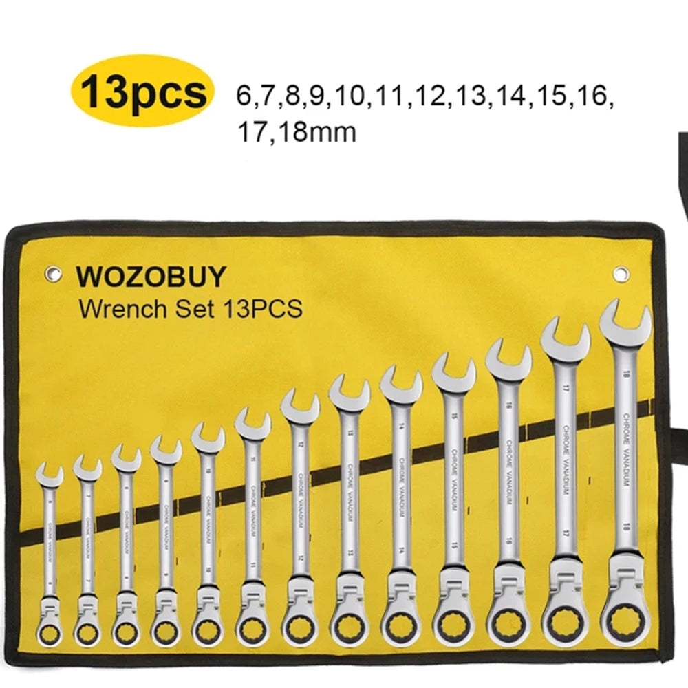 Ratcheting Combination Wrench Set, 6-23mm Metric Flex Head Ratcheting Wrench, Chrome Vanadium Steel Spanner with Bag