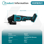 YOFIDRA 1500W 125mm 2in1 Brushless Angle Grinder 12000PRM Cordless Electric Polishing Grinding Power Tool For Makita Battery Pin
