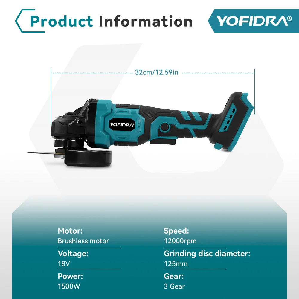 YOFIDRA 1500W 125mm 2in1 Brushless Angle Grinder 12000PRM Cordless Electric Polishing Grinding Power Tool For Makita Battery Pin