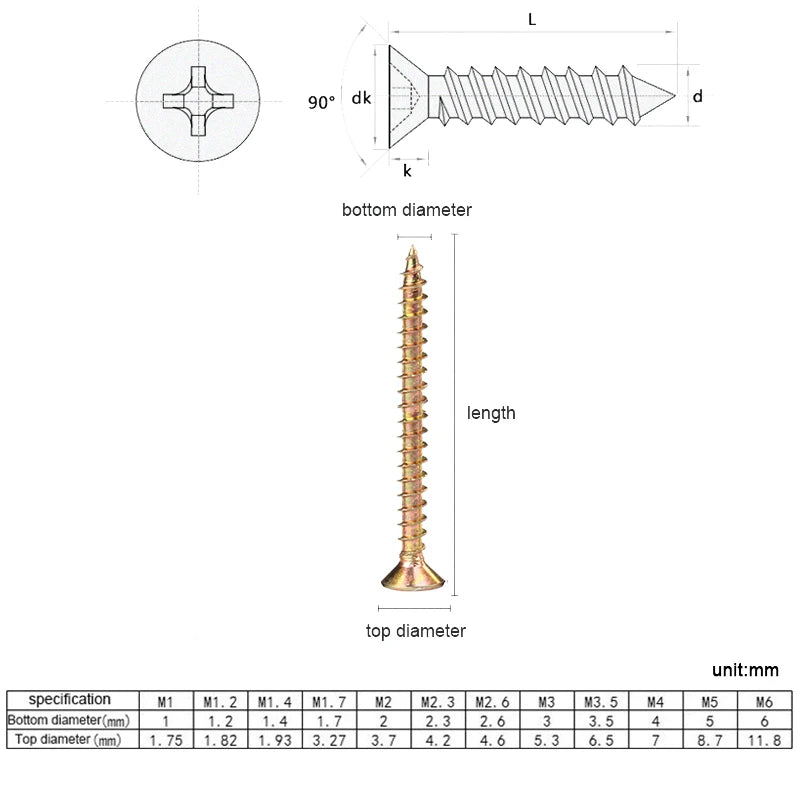 100pcs/lot M3 M3.5 M4 M5 M6 Zinc Coated Cross Recessed Countersunk fibreboard Chipboard Flat Head Self Tapping Wood Screw