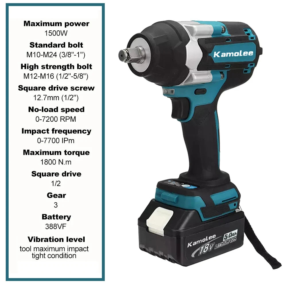 Kamolee 1800 N.m High Torque Cordless Impact Wrench 18V-21V 1/2 Inch Battery Rechargeable Brushless Electric Wrench Tool Set