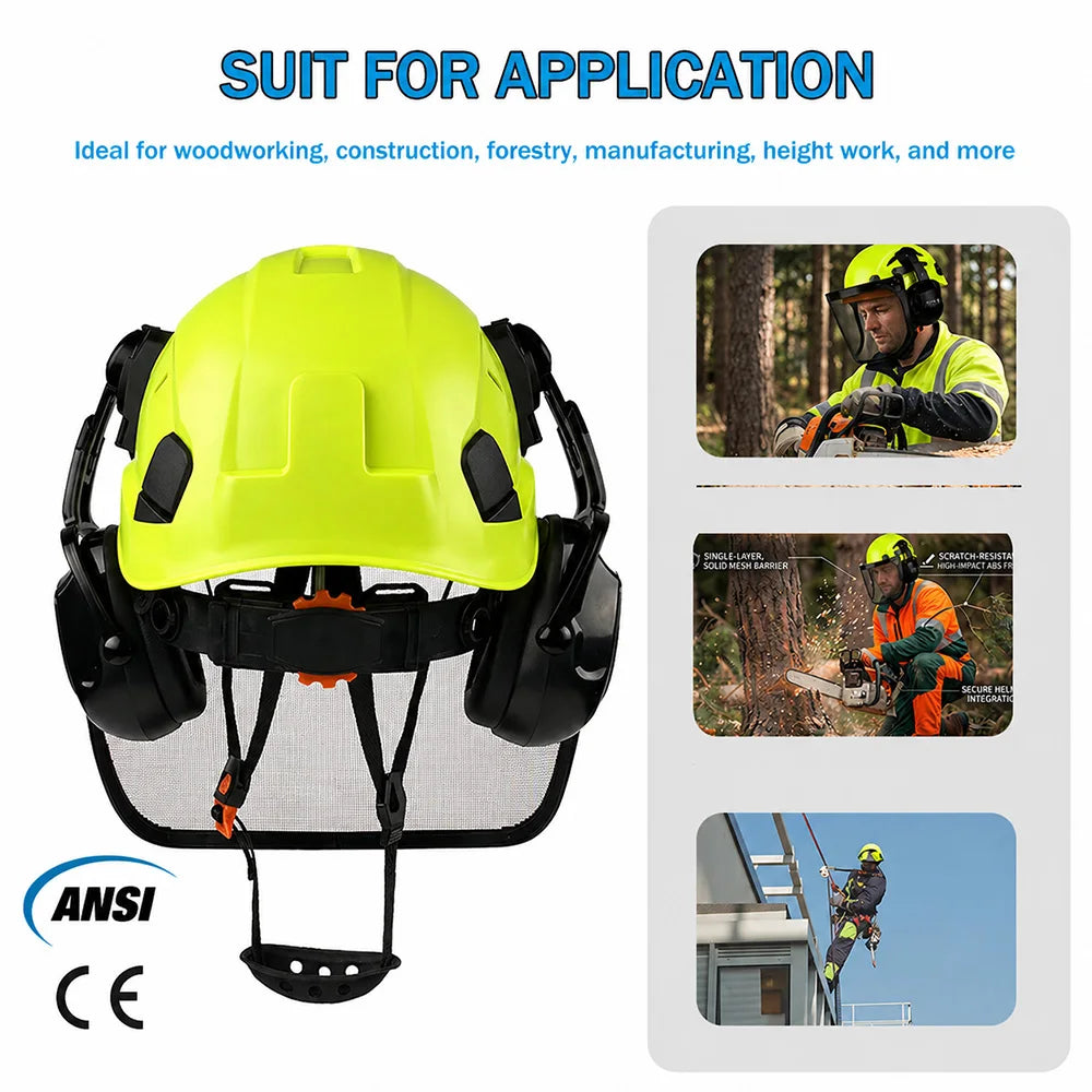 CE Forestry Safety Helmet 3 in 1 Chainsaw Hard Hat Mesh Face Shield Ear Muffs for Arborist Logging Gardening Work Protective Cap