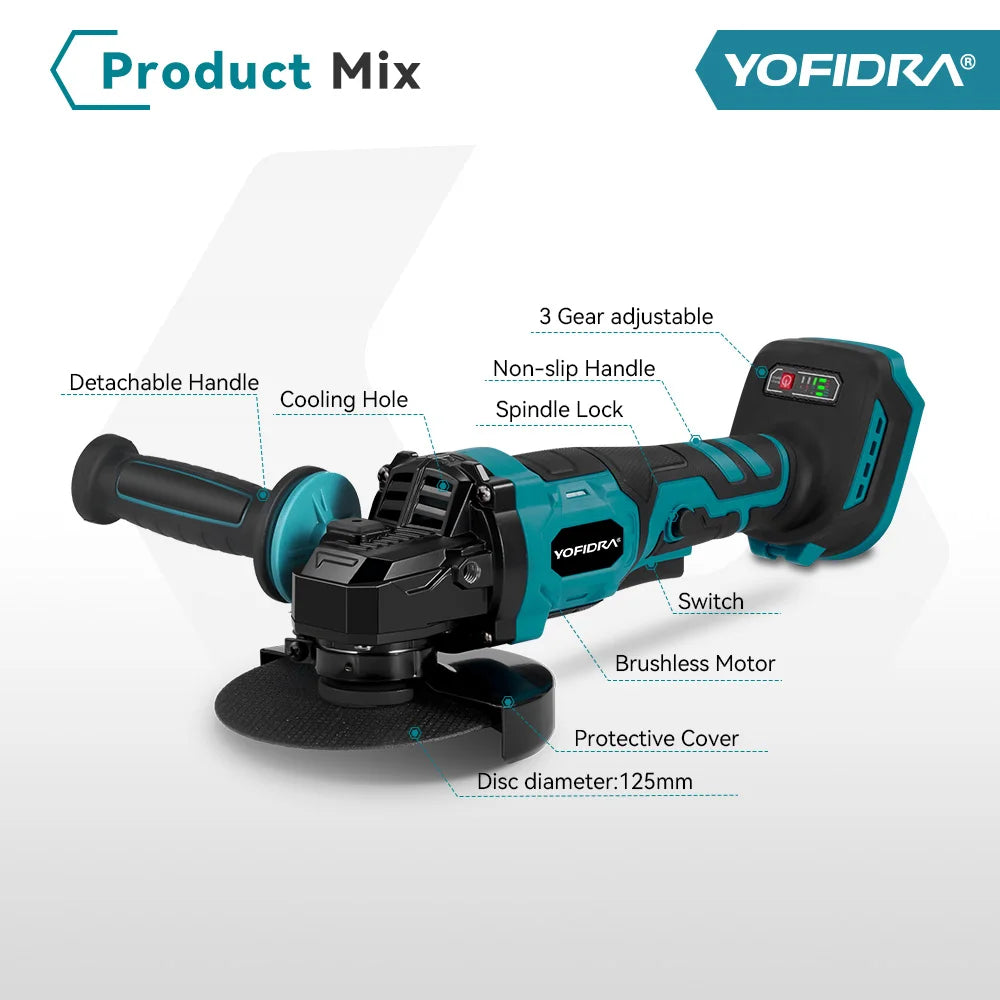 YOFIDRA 1500W 125mm 2in1 Brushless Angle Grinder 12000PRM Cordless Electric Polishing Grinding Power Tool For Makita Battery Pin