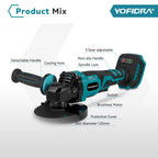 YOFIDRA 1500W 125mm 2in1 Brushless Angle Grinder 12000PRM Cordless Electric Polishing Grinding Power Tool For Makita Battery Pin