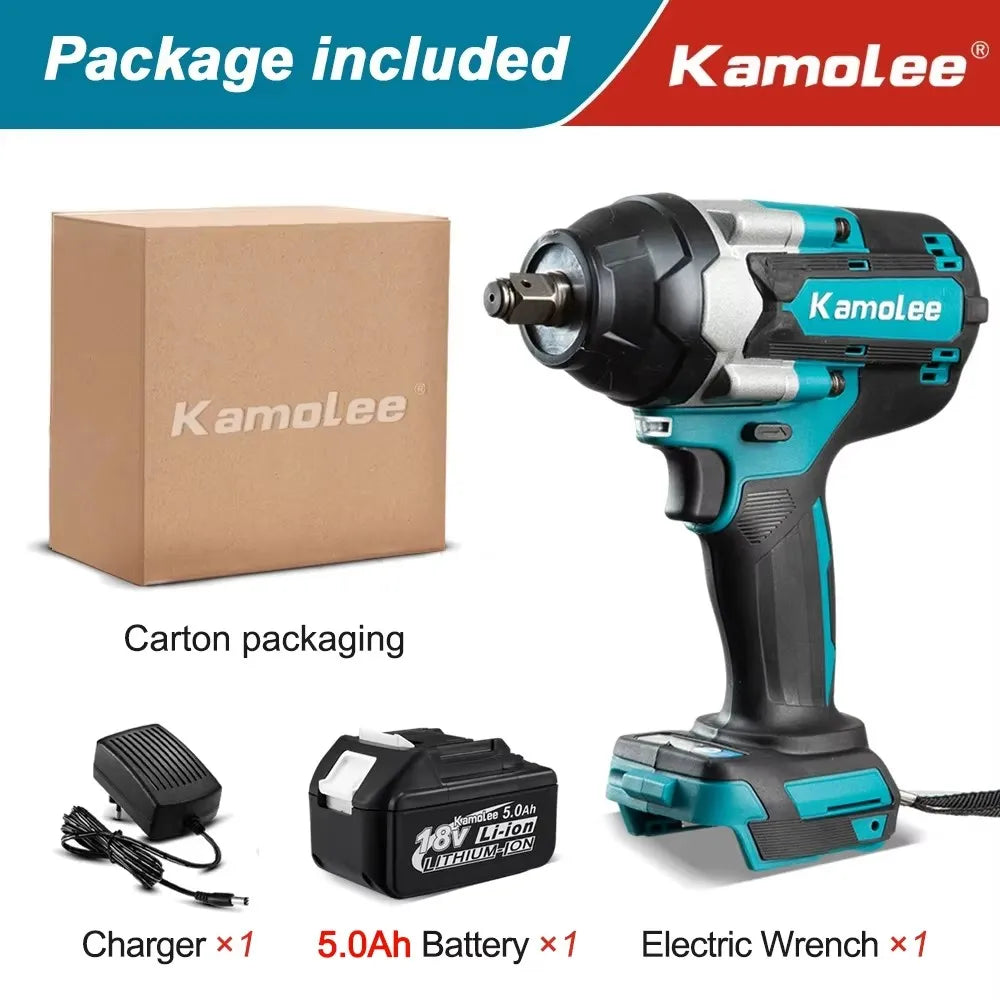 Kamolee 1800 N.m High Torque Cordless Impact Wrench 18V-21V 1/2 Inch Battery Rechargeable Brushless Electric Wrench Tool Set