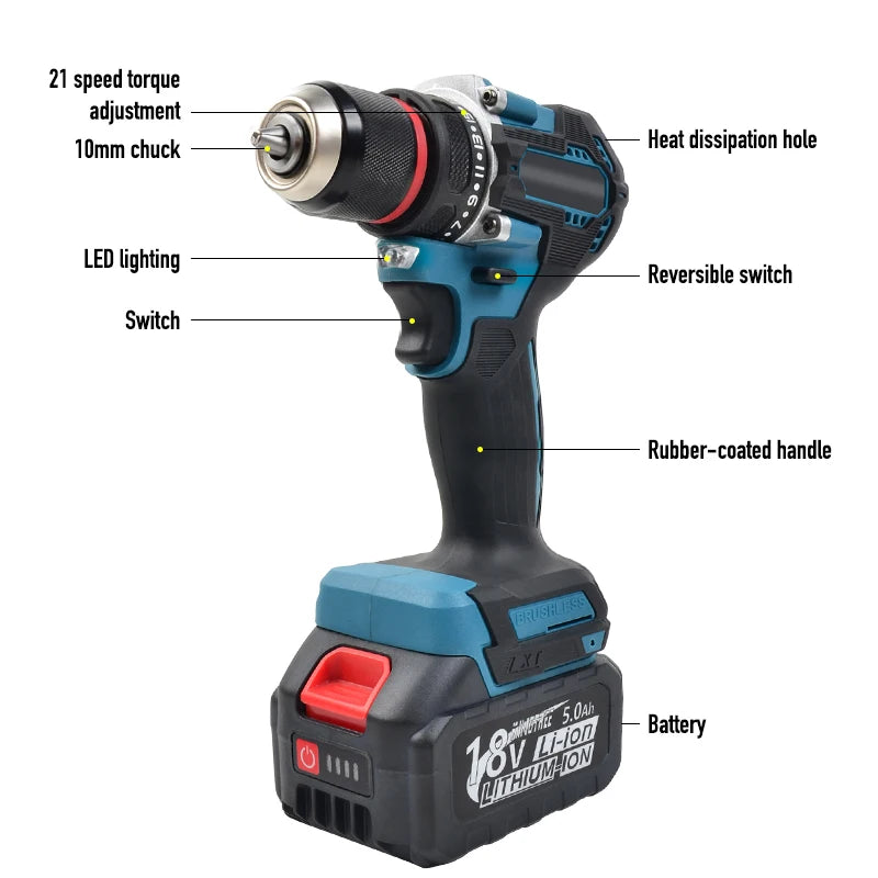 1/2 inch 1700RPM cordless drill compact hammer drill, brushless motor lithium electric drive suitable for makita 18V battery pin