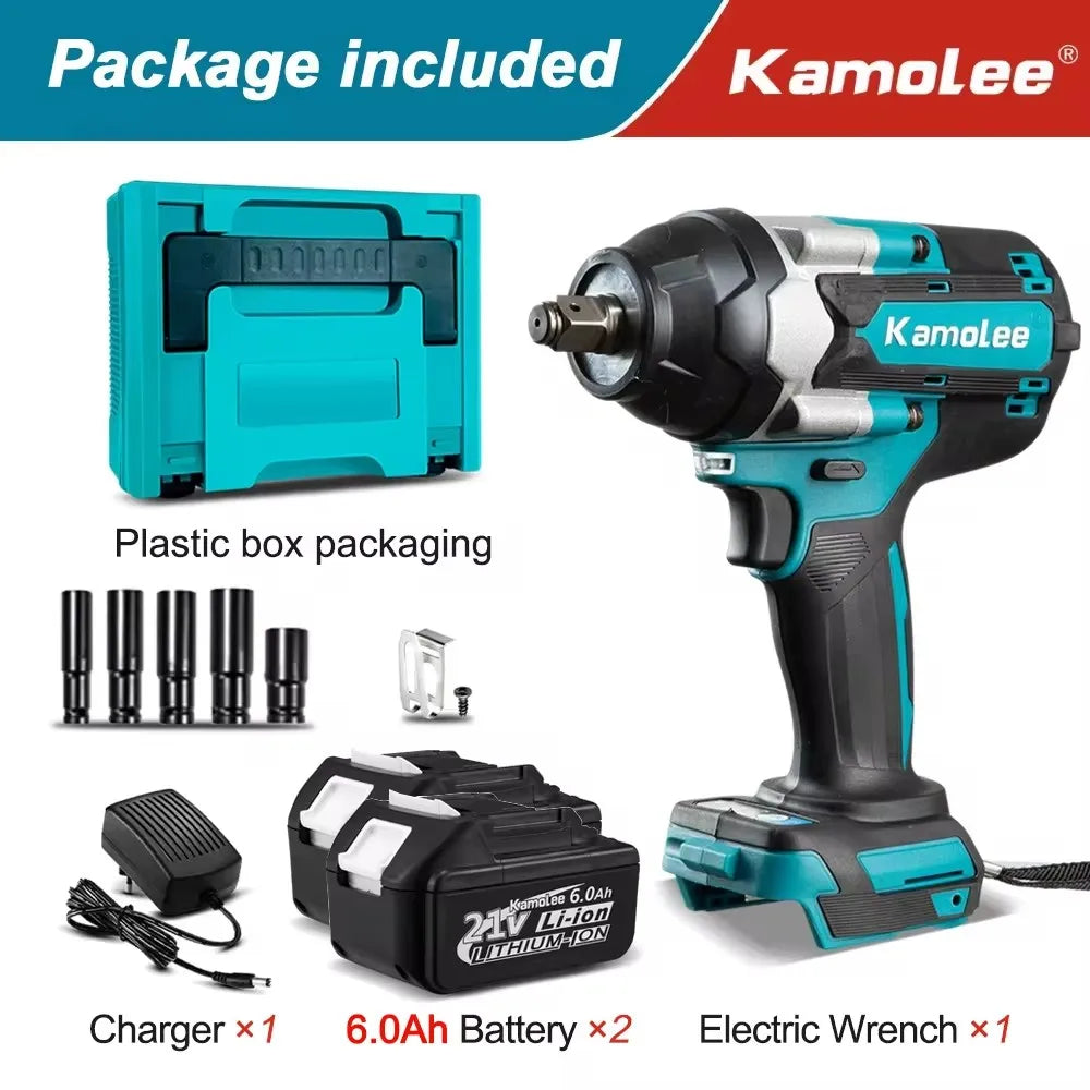 Kamolee 1800 N.m High Torque Cordless Impact Wrench 18V-21V 1/2 Inch Battery Rechargeable Brushless Electric Wrench Tool Set